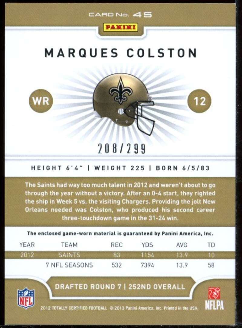 Marques Colston Card 2012 Totally Certified Red Materials Jersey #45 Image 2