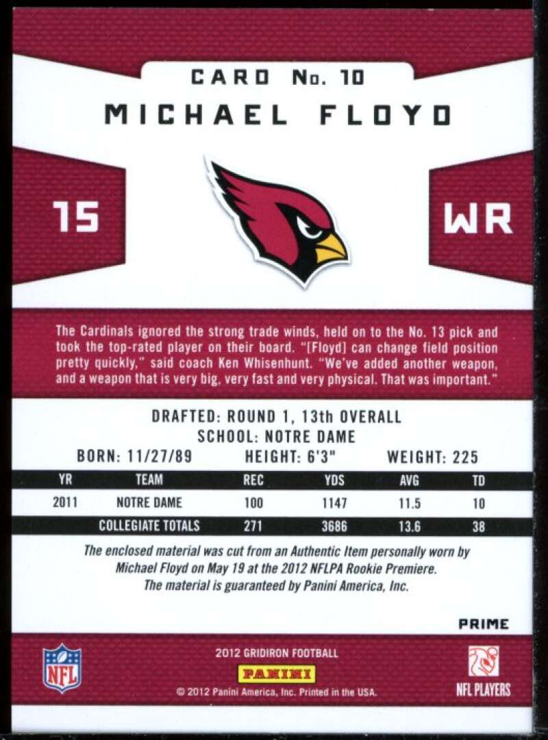 Michael Floyd Card 2012 Gridiron Rookie Gridiron Gems Trios Prime Jersey #10 Image 2