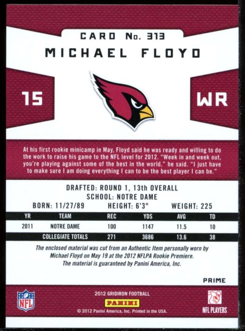 Michael Floyd Card 2012 Gridiron Rookie Gridiron Gems Prime Jersey #313 Image 2