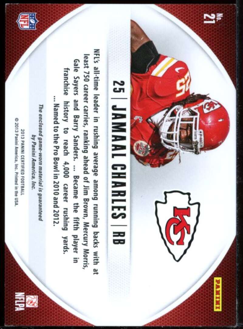 Jamaal Charles Card 2013 Certified Skills Materials Jersey #21 Image 2