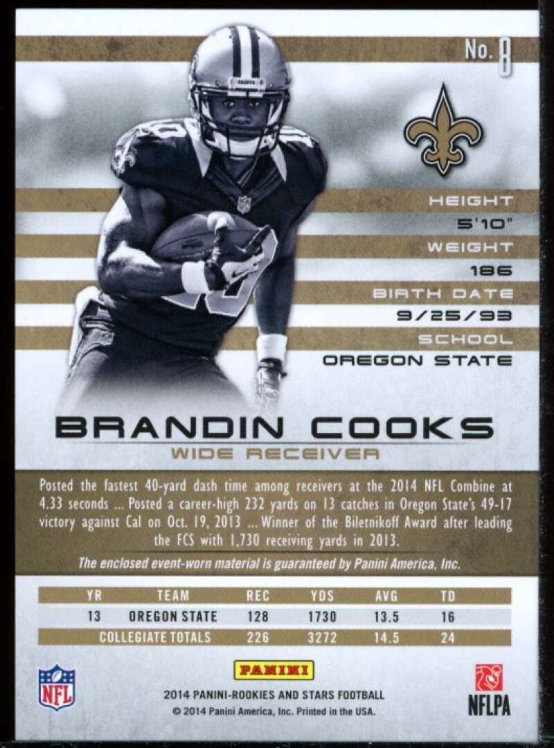 Brandin Cooks Card 2014 Rookies and Stars Rookie Prime Materials Jersey #8 Image 2