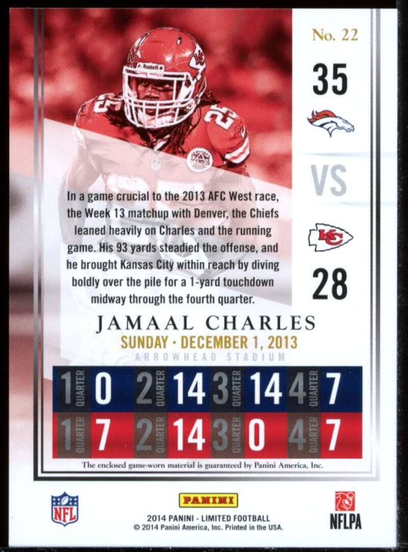 Jamaal Charles Card 2014 Limited Game Day Materials Jersey #22 Image 2