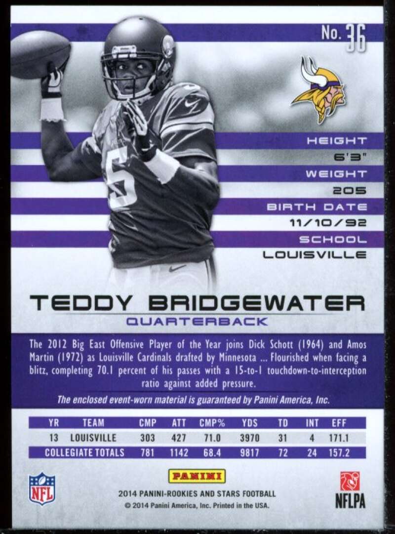 Teddy Bridgewater Card 2014 Rookies and Stars Longevity Rookie Jersey #36 Image 2