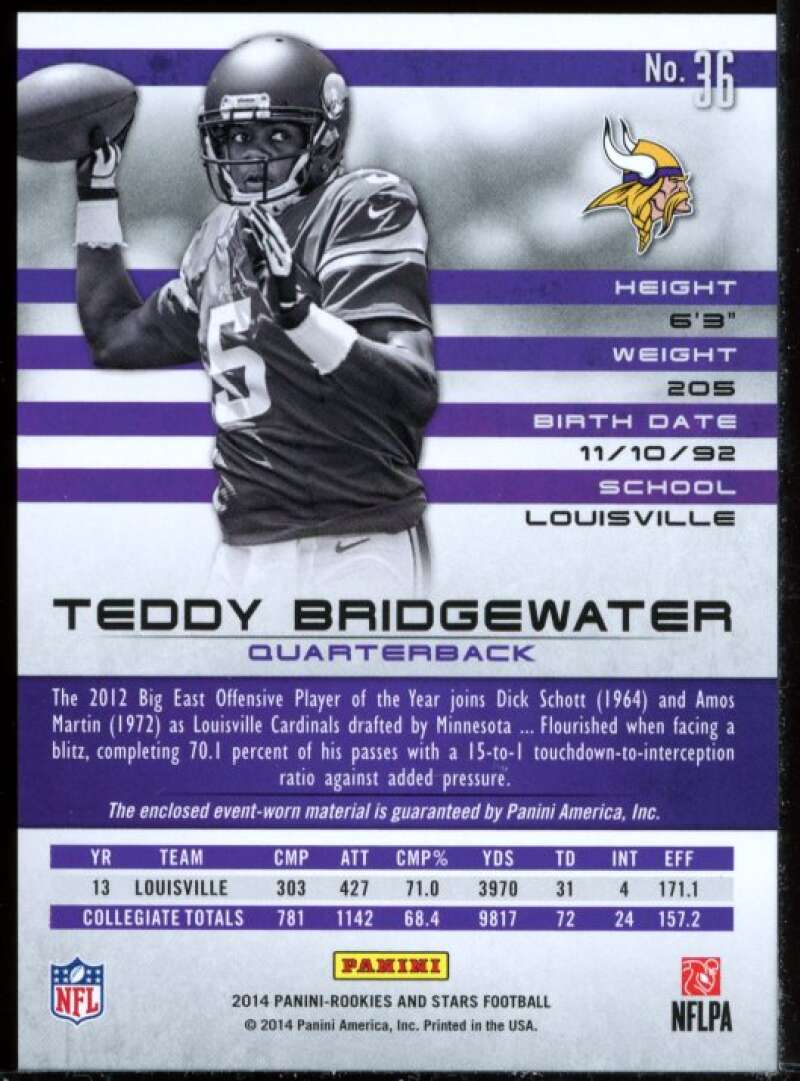 Teddy Bridgewater Card 2014 Rookies and Stars Longevity Rookie Jersey #36 Image 2