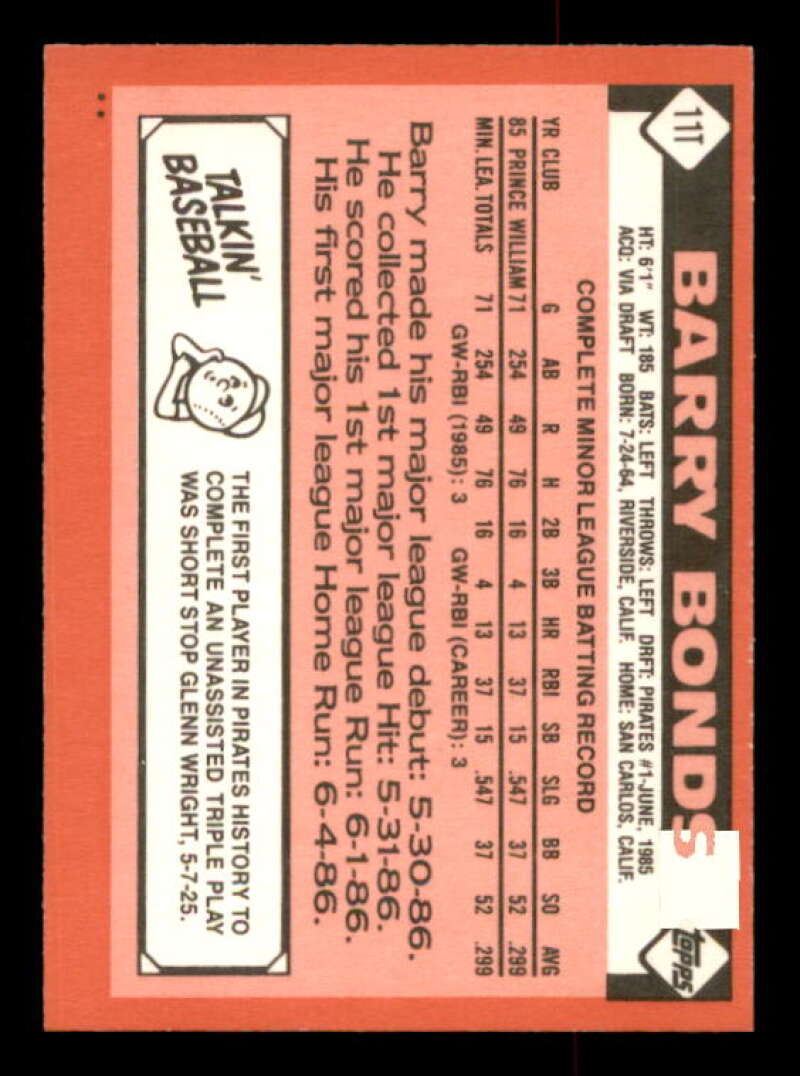 Barry Bonds Rookie Card 1986 Topps Traded #11T Image 2