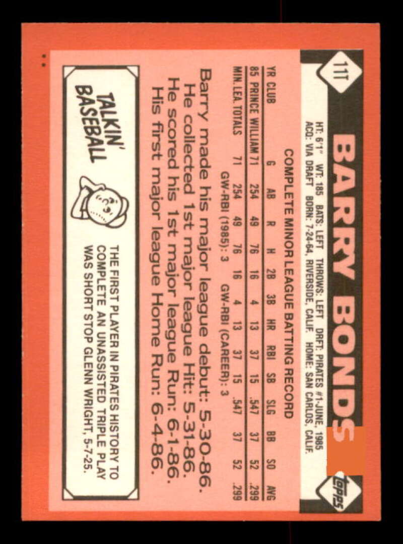 Barry Bonds Rookie Card 1986 Topps Traded #11T Image 2