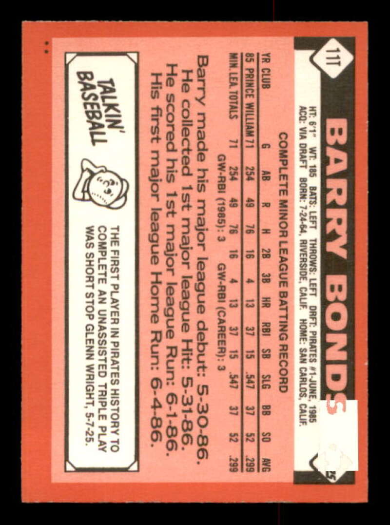 Barry Bonds Rookie Card 1986 Topps Traded #11T Image 2