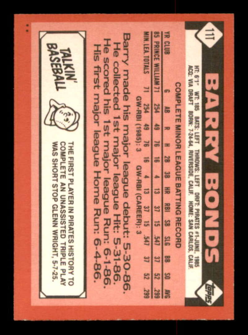 Barry Bonds Rookie Card 1986 Topps Traded #11T Image 2