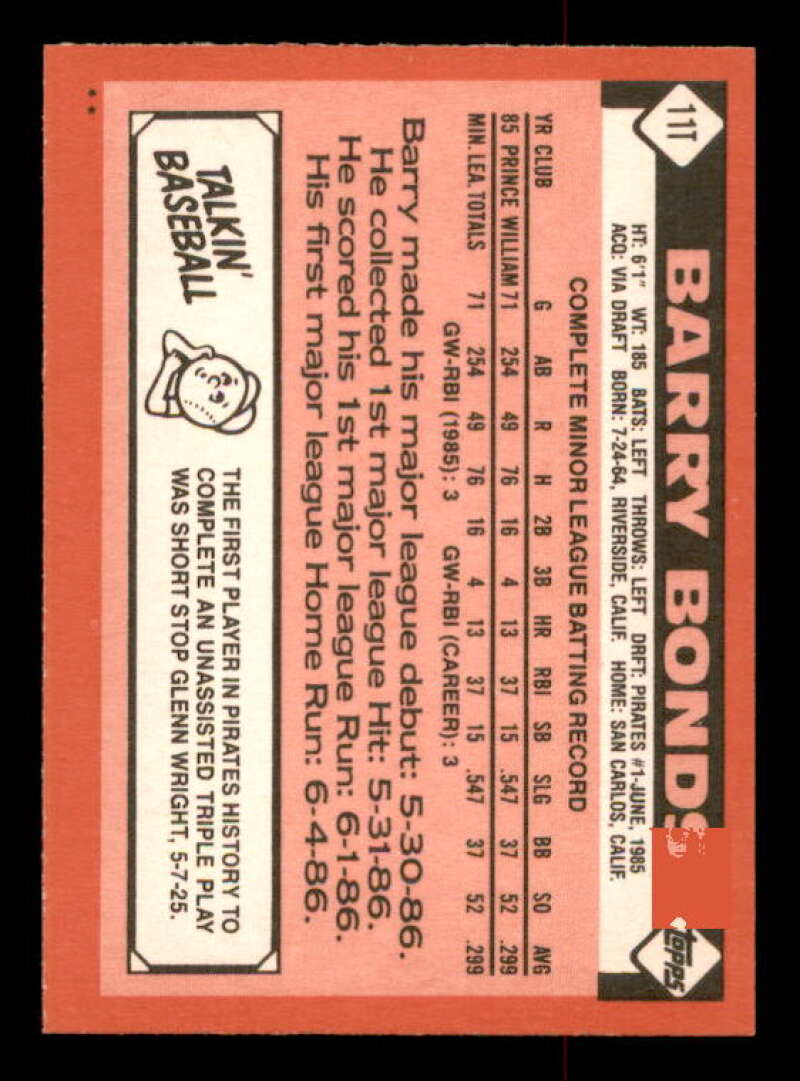 Barry Bonds Rookie Card 1986 Topps Traded #11T Image 2