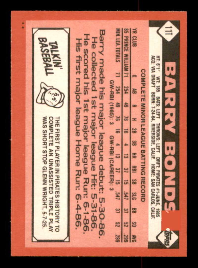 Barry Bonds Rookie Card 1986 Topps Traded #11T Image 2