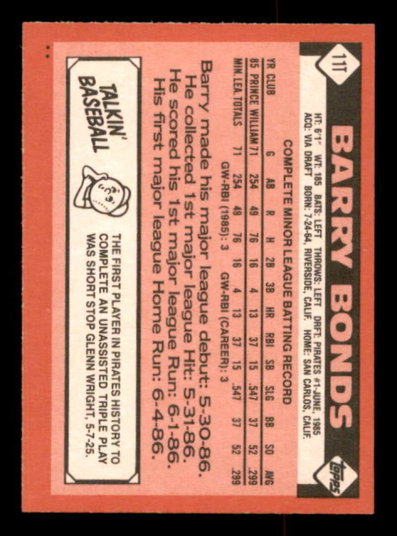 Barry Bonds Rookie Card 1986 Topps Traded #11T Image 2