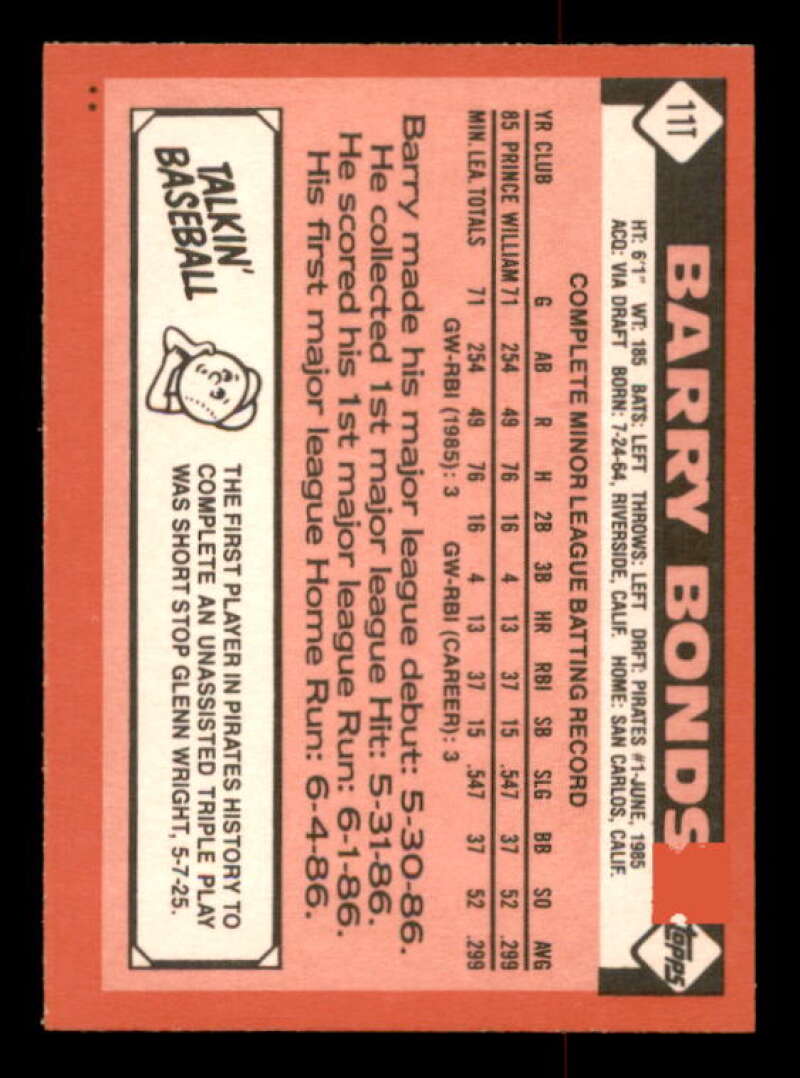 Barry Bonds Rookie Card 1986 Topps Traded #11T Image 2