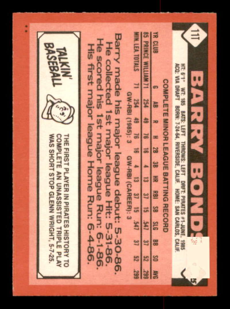 Barry Bonds Rookie Card 1986 Topps Traded #11T Image 2