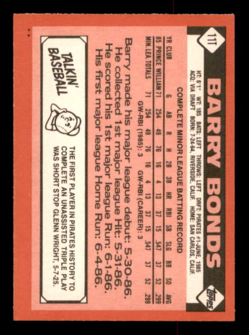 Barry Bonds Rookie Card 1986 Topps Traded #11T Image 2