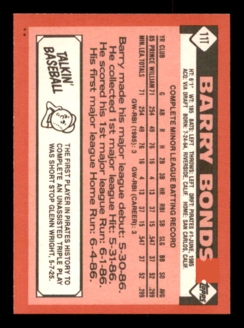 Barry Bonds Rookie Card 1986 Topps Traded #11T Image 2