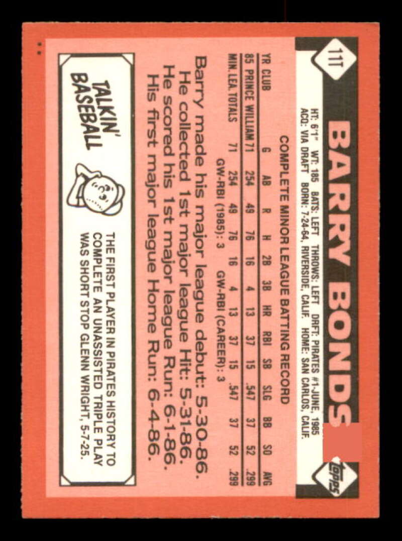 Barry Bonds Rookie Card 1986 Topps Traded #11T Image 2