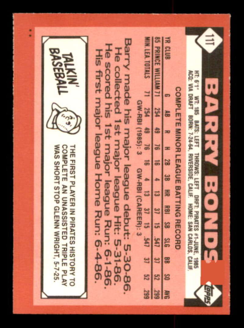 Barry Bonds Rookie Card 1986 Topps Traded #11T Image 2