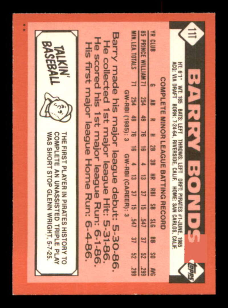 Barry Bonds Rookie Card 1986 Topps Traded #11T Image 2