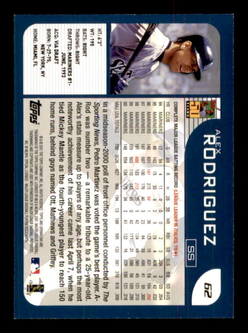Alex Rodriguez Card 2001 Topps Opening Day #62 Image 2