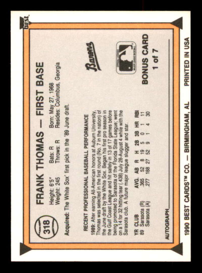 Frank Thomas Minor League Rookie Card 1990 Best #318 Image 2