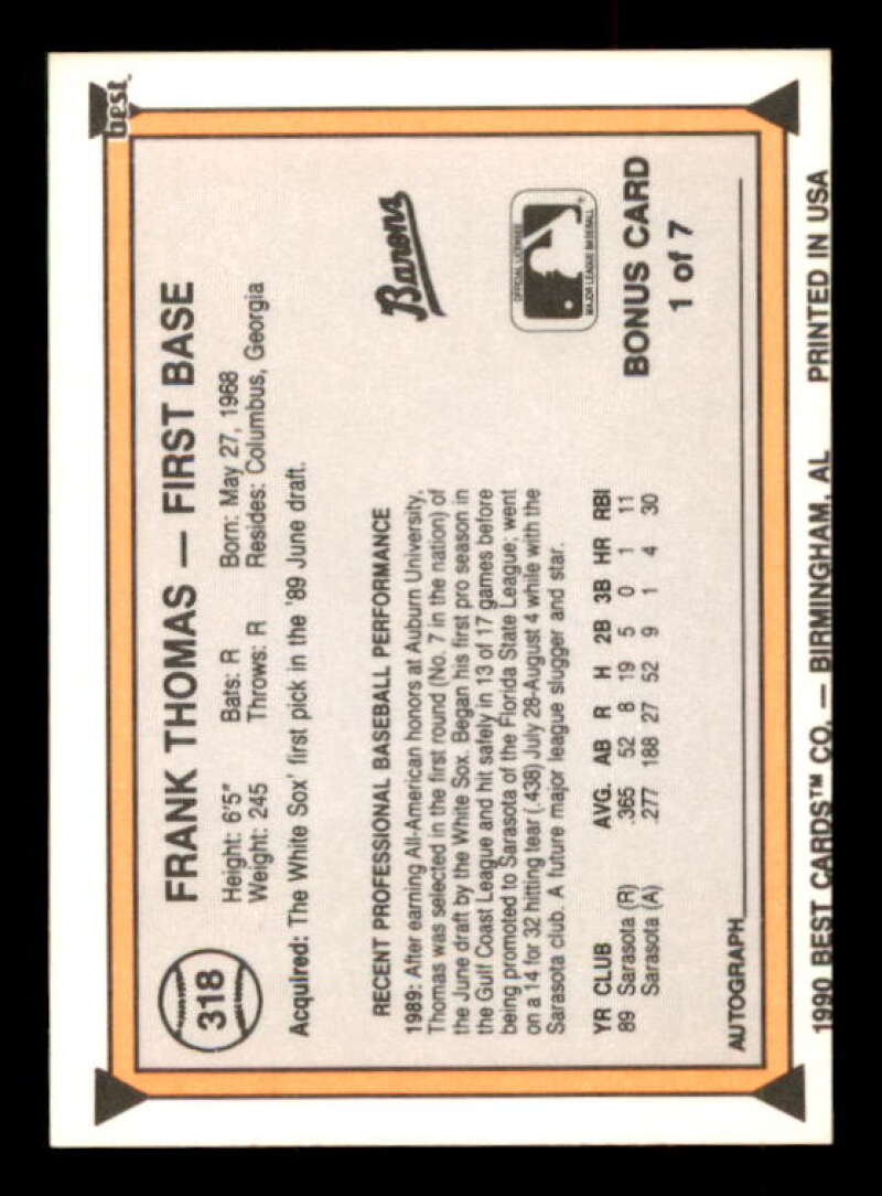 Frank Thomas Minor League Rookie Card 1990 Best #318
