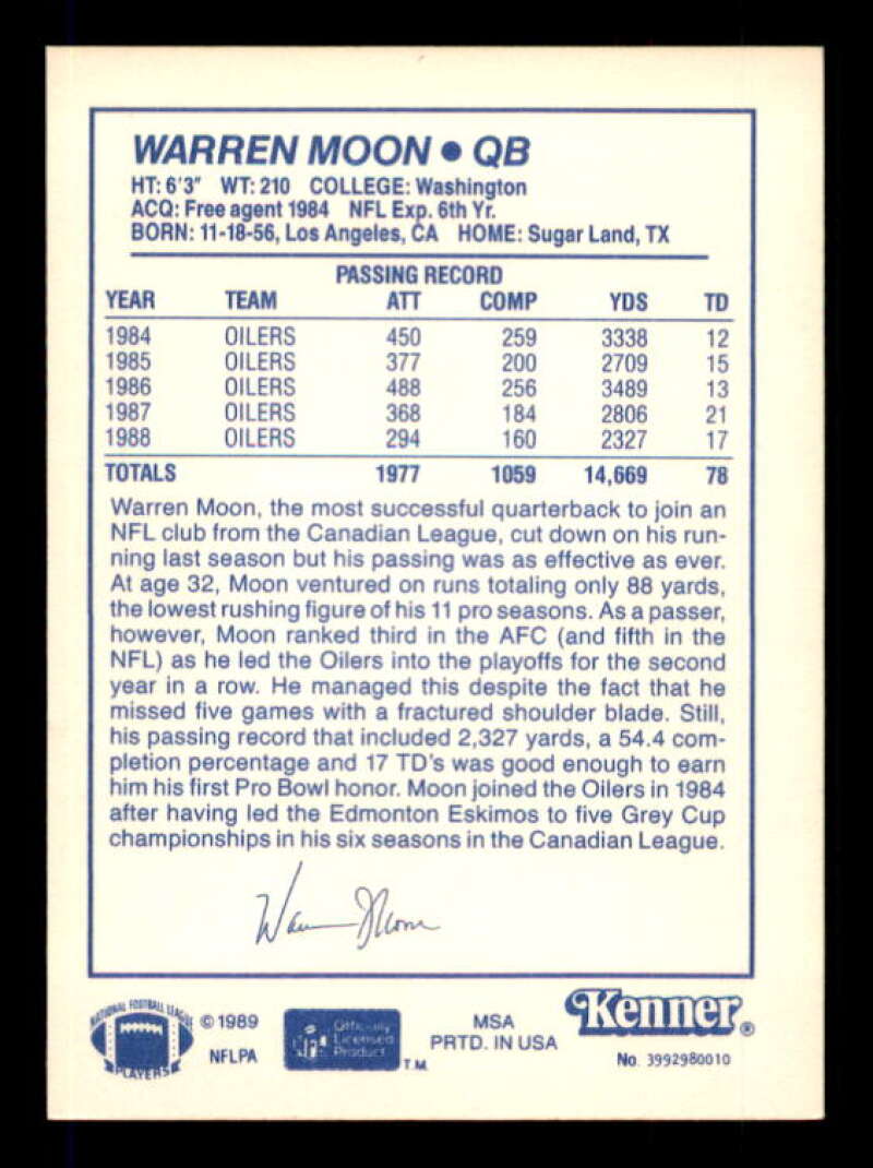 Warren Moon Card 1989 Kenner Starting Lineup Cards #86 Image 2