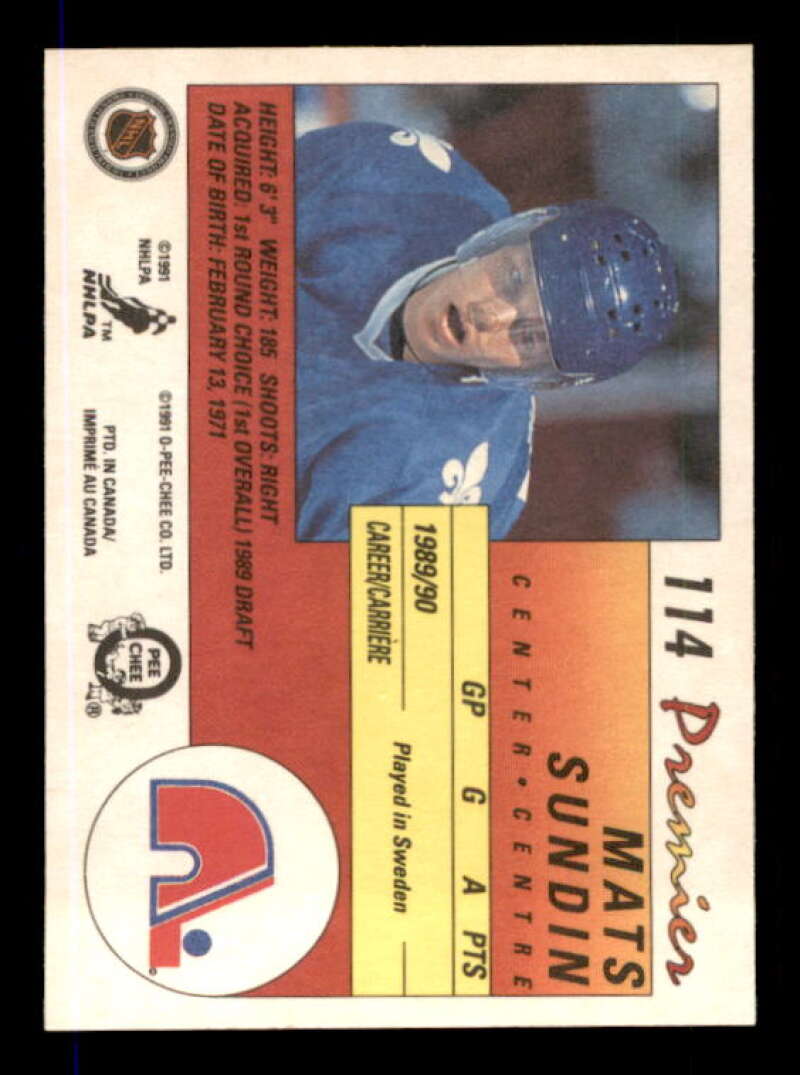 Mats Sundin Rookie Card 1990-91 OPC Premier #114 Image 2