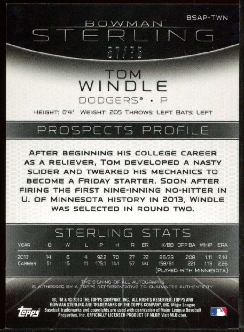 Tom Windle Card 2013 Bowman Sterling Prospect Autographs Orange Refractors #TWN Image 2