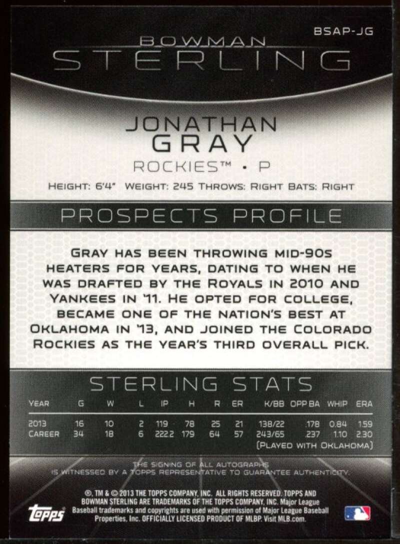 Jonathan Gray Card 2013 Bowman Sterling Prospect Autographs #JG Image 2