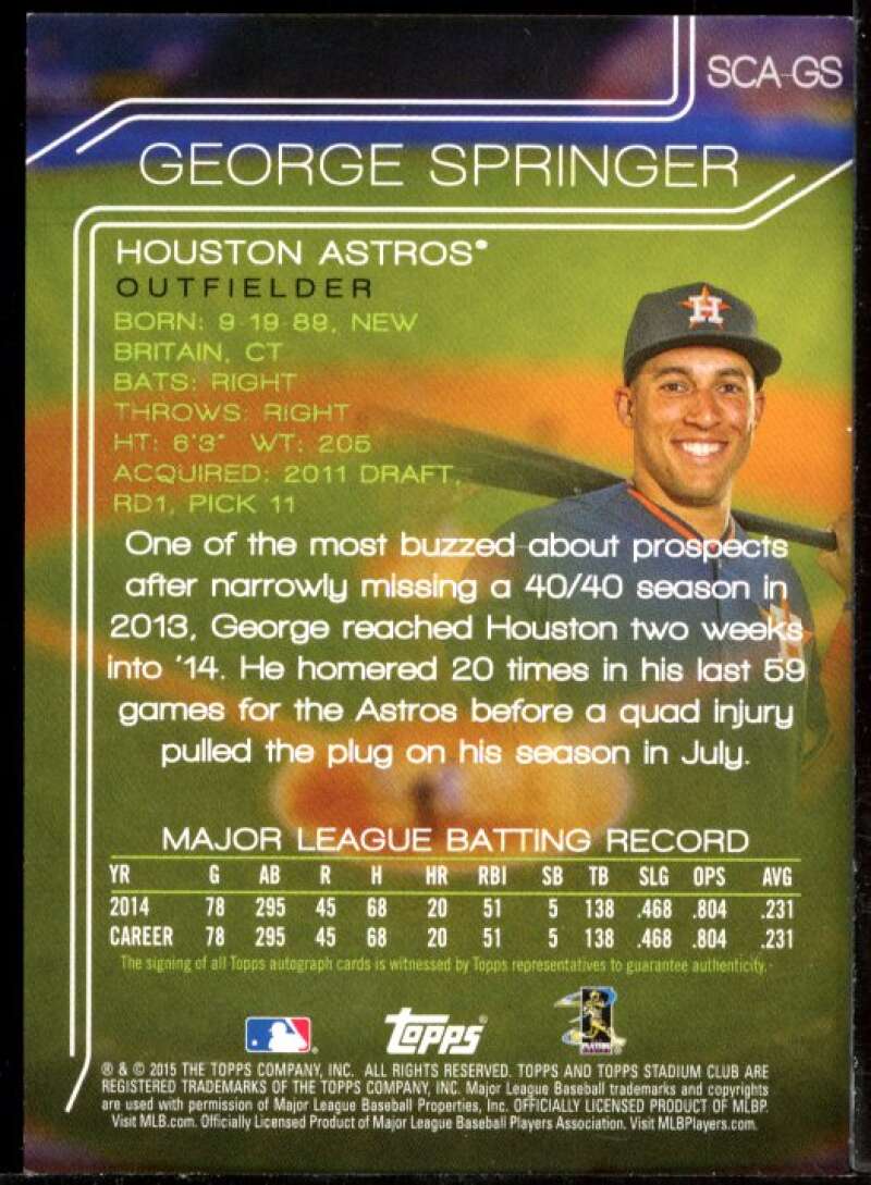 George Springer Card 2015 Stadium Club Autographs #SCAGS Image 2