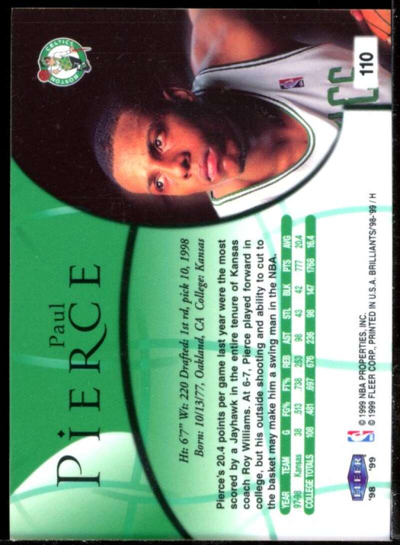 Paul Pierce Rookie Card 1998-99 Fleer Brilliants #110 Image 2