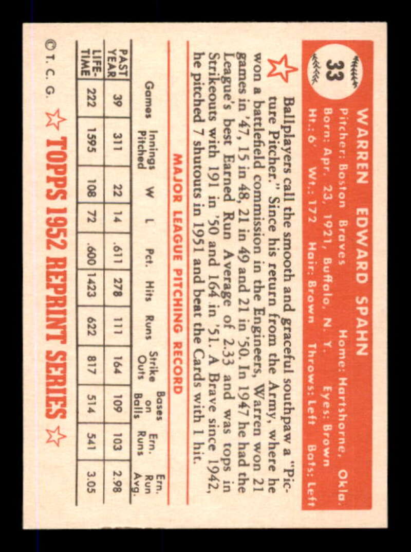 Warren Spahn Card 1983 Topps 1952 Reprint #33 Image 2