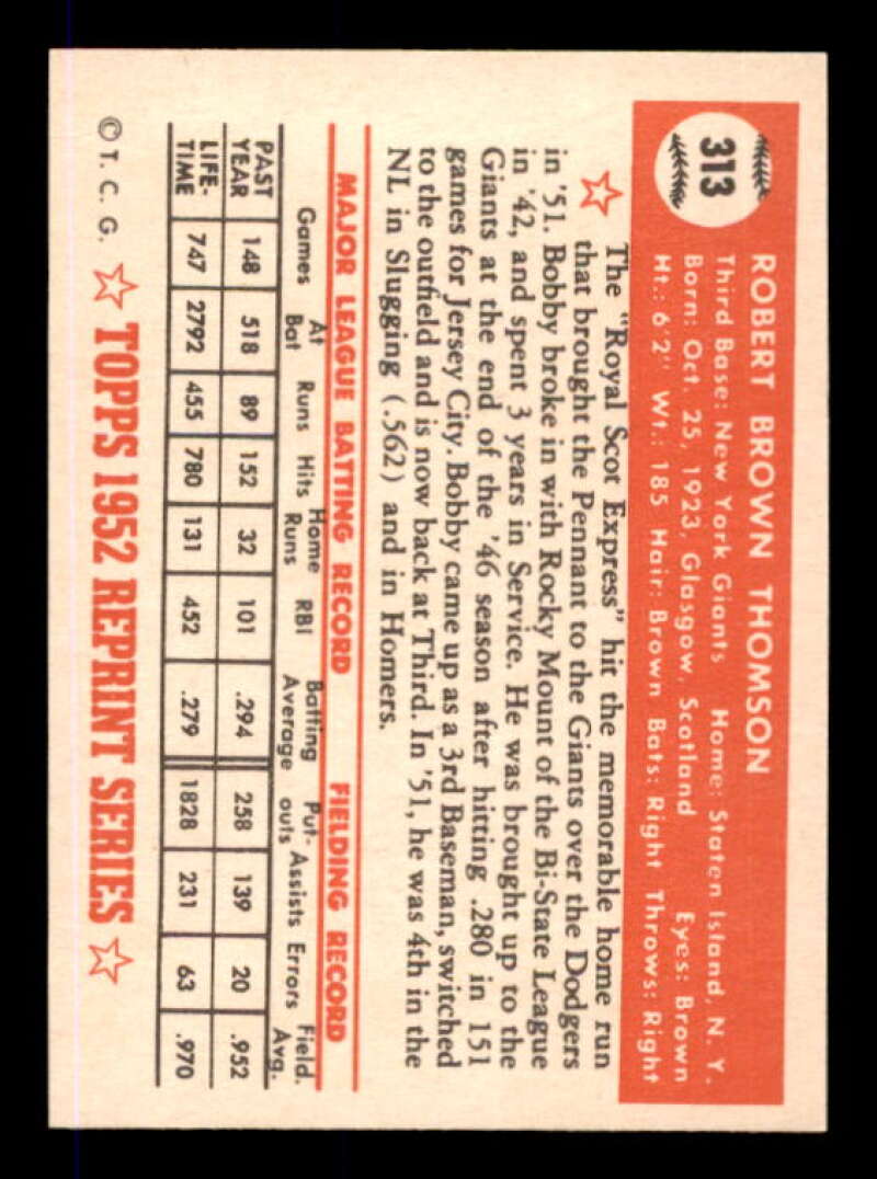 Bobby Thomson Card 1983 Topps 1952 Reprint #313 Image 2