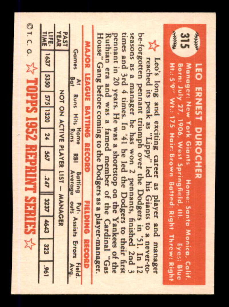 Leo Durocher MG Card 1983 Topps 1952 Reprint #315 Image 2