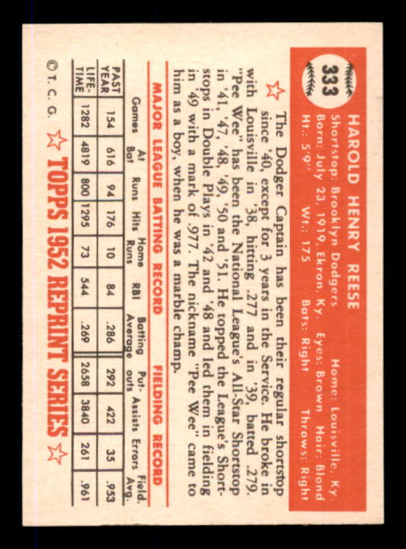 Pee Wee Reese Card 1983 Topps 1952 Reprint #333 Image 2