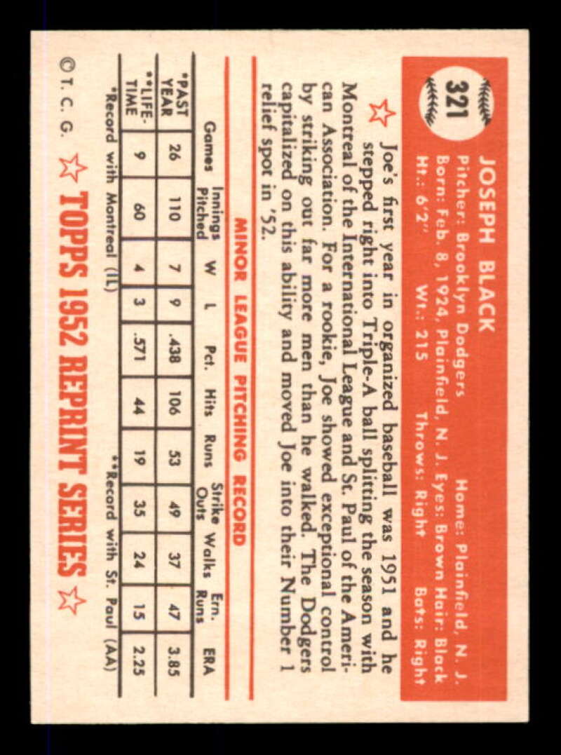 Joe Black Card 1983 Topps 1952 Reprint #321 Image 2