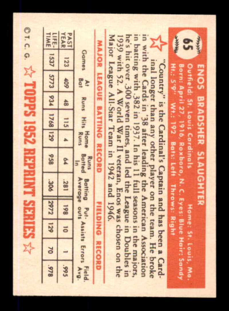 Enos Slaughter Card 1983 Topps 1952 Reprint #65 Image 2