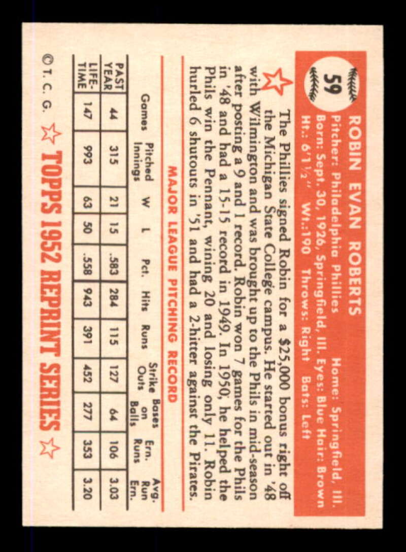 Robin Roberts Card 1983 Topps 1952 Reprint #59 Image 2