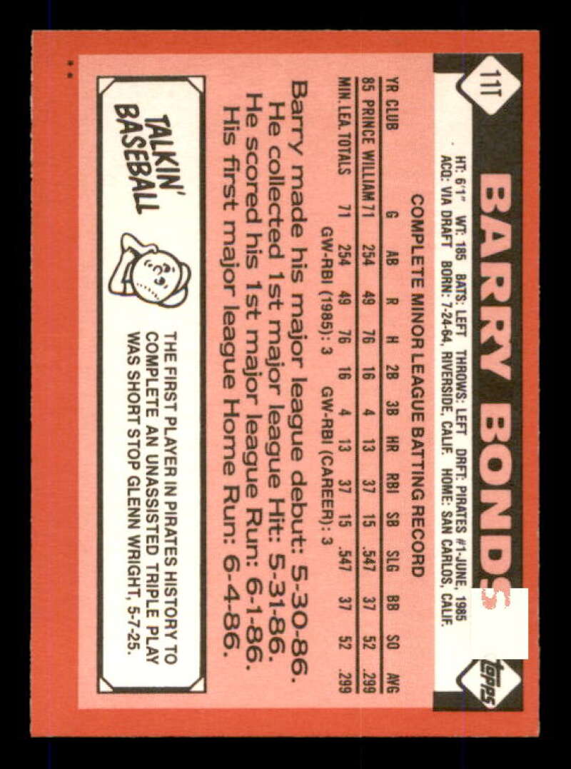 Barry Bonds Rookie Card 1986 Topps Traded #11T Image 2