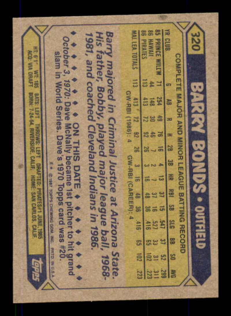 Barry Bonds Rookie Card 1987 Topps #320 Image 2