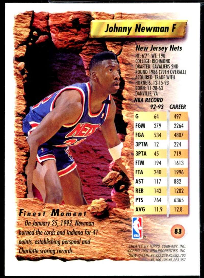 Johnny Newman Card 1993-94 Finest Refractor #83 Image 2