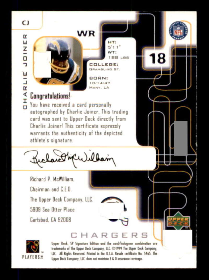 Charlie Joiner Card 1999 SP Signature Autographs #CJ Image 2