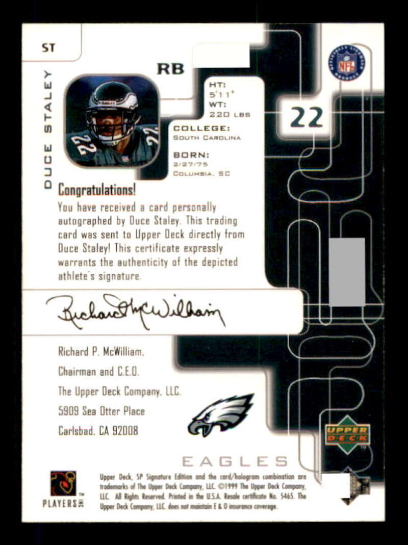 Duce Staley Card 1999 SP Signature Autographs #ST Image 2