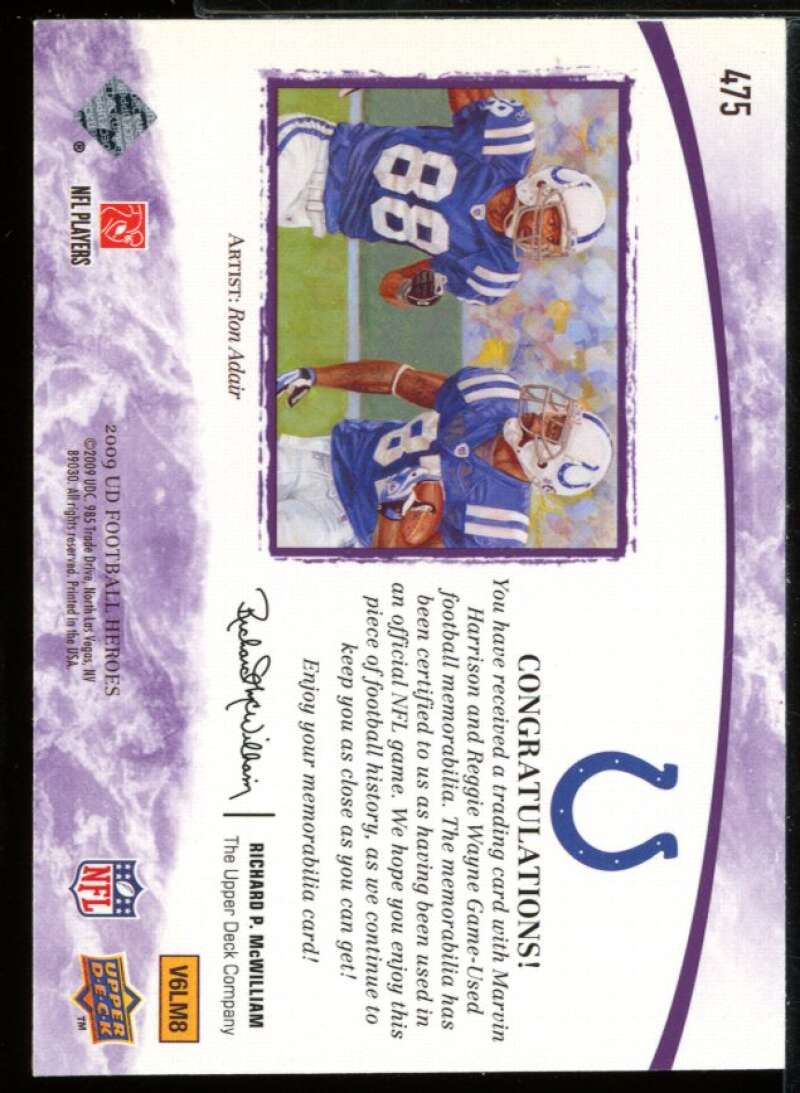 Marvin HarrisonReggie Wayne Card 2009 Upper Deck Heroes Jerseys Purple #475 /25 Image 2