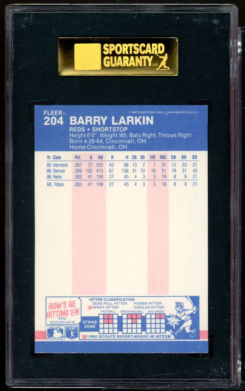 Barry Larkin Rookie Card 1987 Fleer #204 SGC 60 EX 5 Image 2