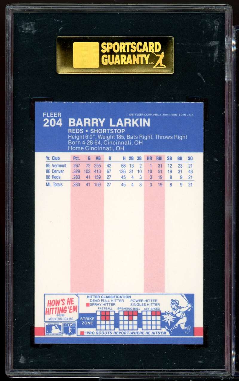 Barry Larkin Rookie Card 1987 Fleer #204 SGC 50 EX 4 Image 2