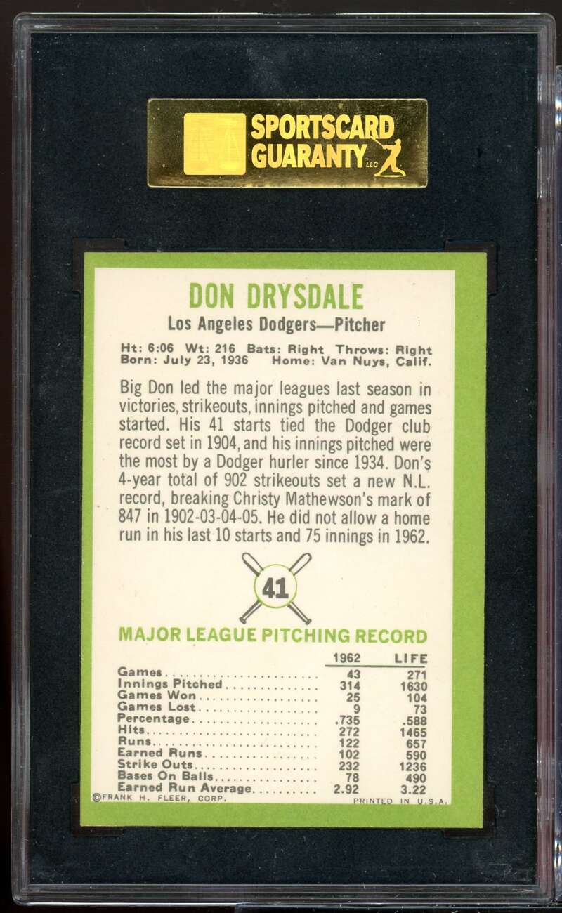 Don Drysdale Card 1963 Fleer #41 SGC 80 EX/NM 6 Image 2