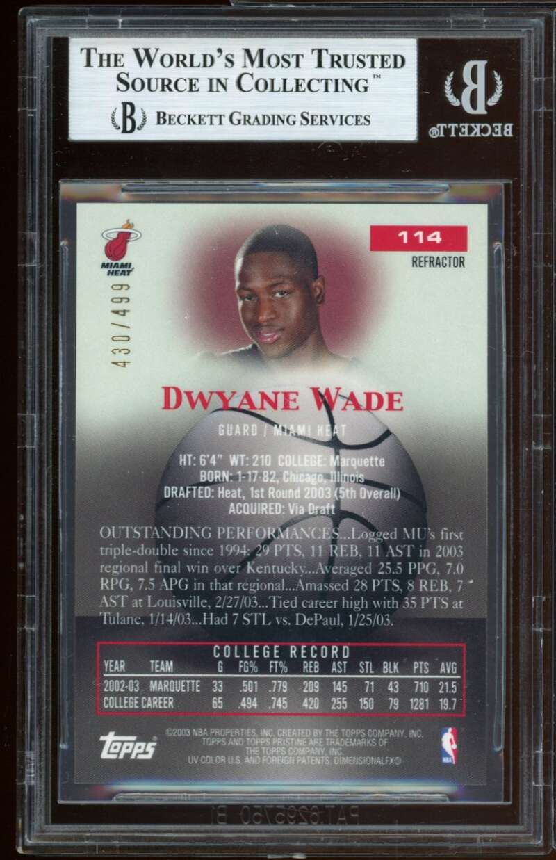 Dwyane Wade Rookie Card 2003 Topps Pristine Refractors #114 BGS 9 Image 2