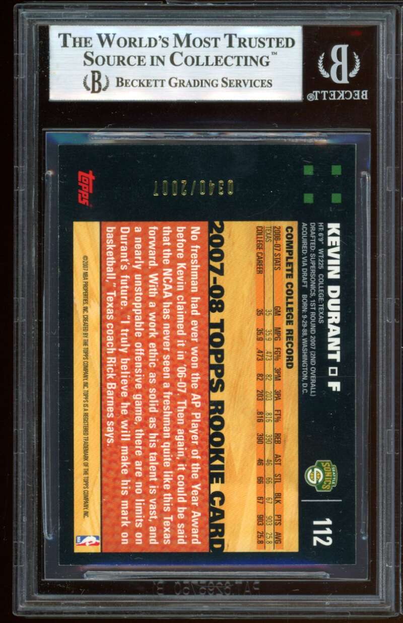 Kevin Durant Rookie Card 2007-08 Topps Gold #112 BGS 9 (9.5 9 9 9) Image 2