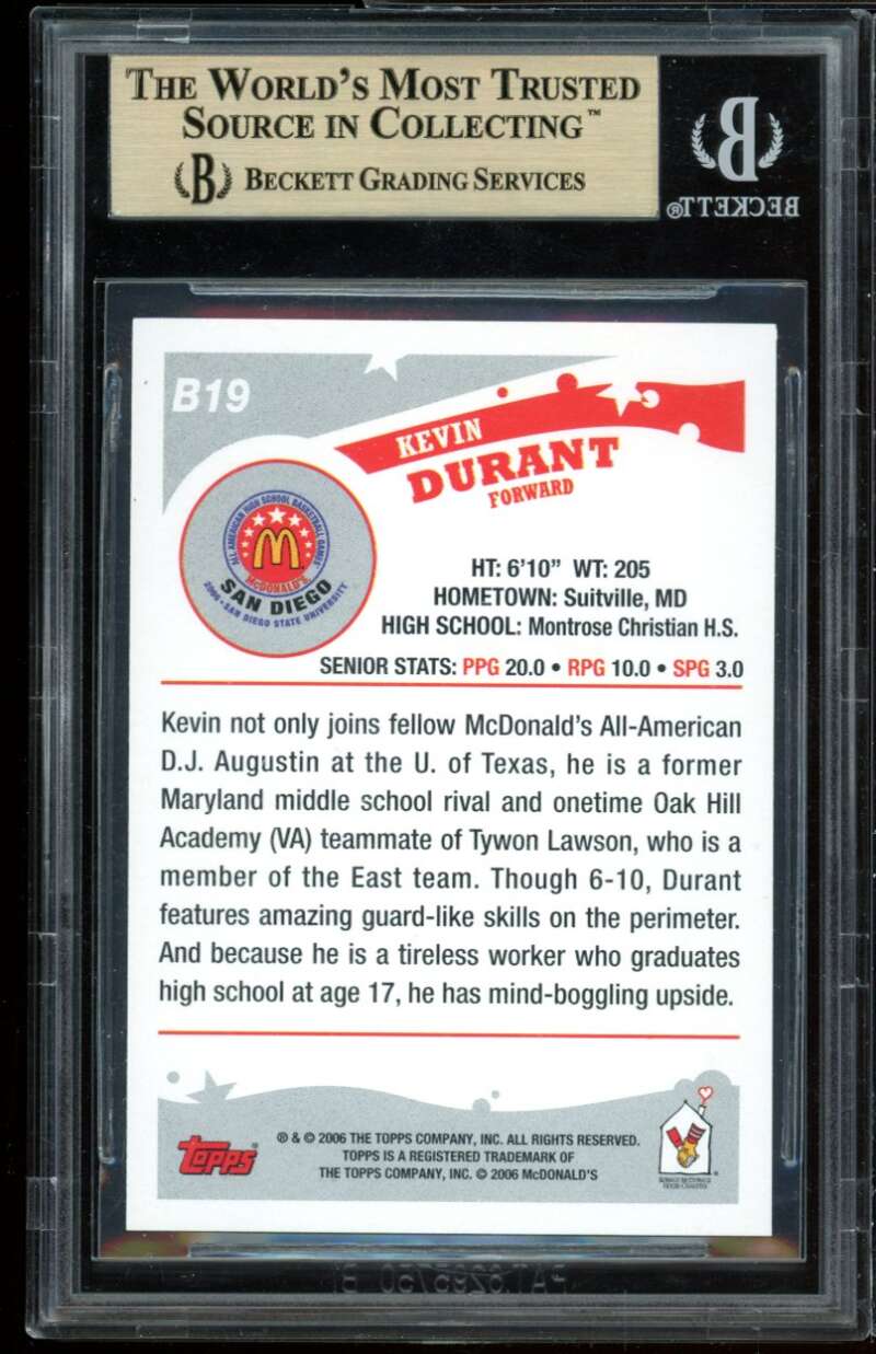 Kevin Durant Rookie Card 2006 Topps Mcdonald's A-A BGS 9.5 (9.5 9.5 9.5 10) Image 2